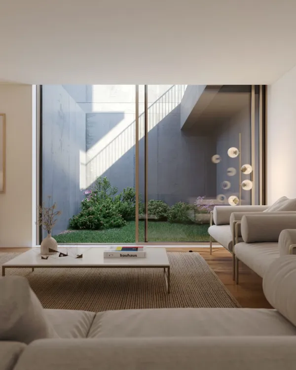 Sala na cave, com envidraçado e acesso a pátio exterior